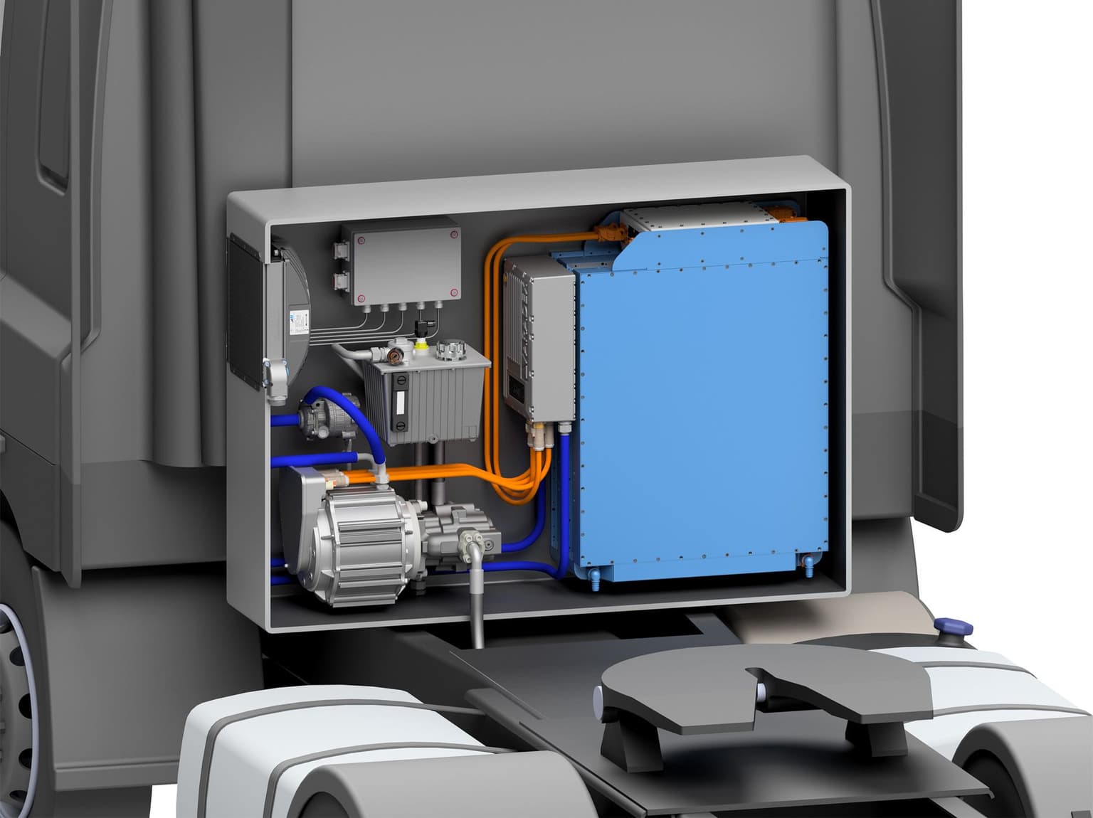 E‑PTO‑System mit Batteriepakket und elektrischem Antriebsmodul in die Aufbaukonstruktion eines Lkw integriert.